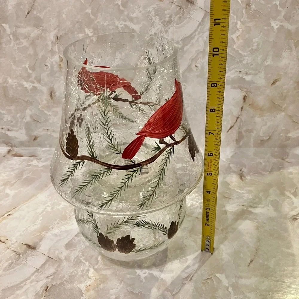 Yankee Candle Crackle Glass Cardinal Lamp Set Votive Holder Hurricane Shade